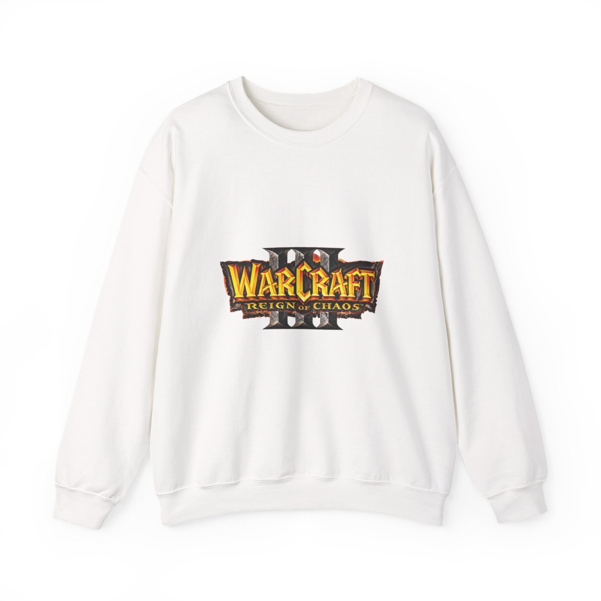 Black Sweatshirts with the Warcraft III: Reign of Chaos logo in red, orange, and yellow. The logo is in the centre. The shirt has short sleeves and a crew neck